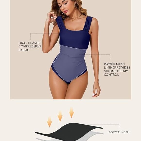 Aleumdr Women's One Piece Swimsuit Ruched Tummy Control Blue Size Medium - Picture 4 of 6